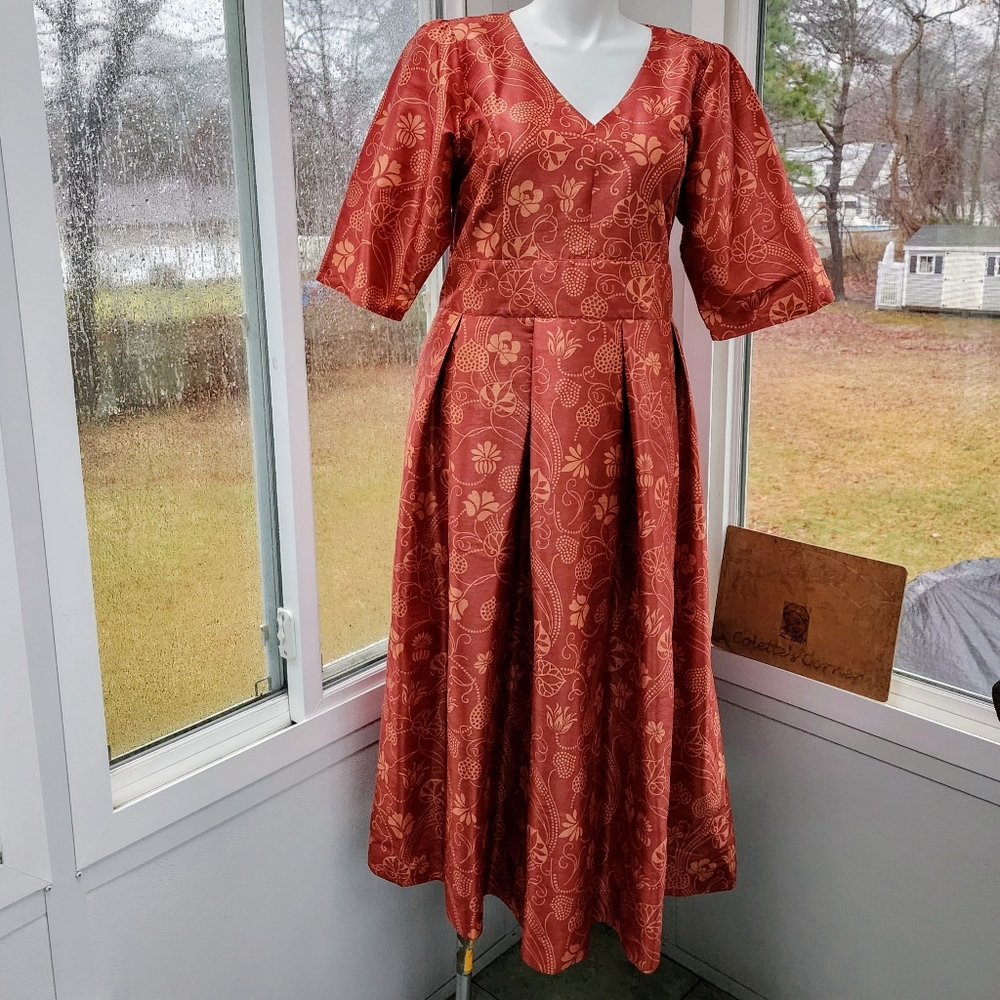 Eshakti Burnt Orange Floral Print Banded High Waist Pleated Taffeta Midi Skirt - Picture 9 of 16